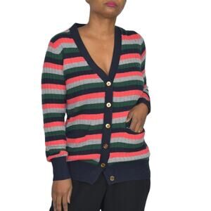 Moth Jamison Cardigan Blue Multi Striped Anthropologie V Neck Sweater Size XS